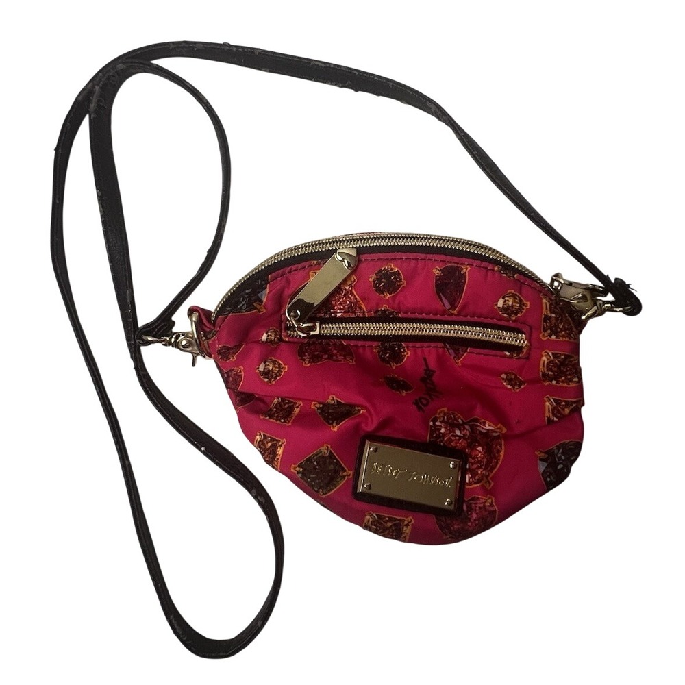 Betsey Johnson Crossbody Bag Purse Gem Jewel Diamond Hot Pink Gold